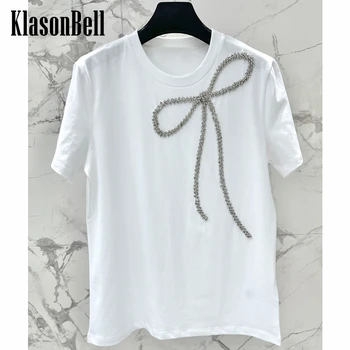 6.16 KlasonBell Модная футболка с бантом и стразами, Повседневная белая футболка с коротким рукавом, женская