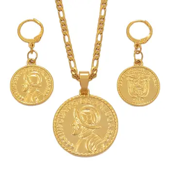 Anniyo Панамская Монета Кулон Ожерелье Серьги Набор для Женщин С Портретом Бальбоа Золотого Цвета Панамские Ювелирные Наборы #205706
