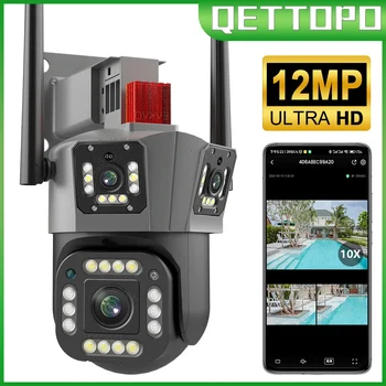 Qettopo 6K 12MP Трехобъективная WIFI PTZ Камера 4K Трехэкранная Наружная AI Human Auto Tracking Security CCTV Камеры Видеонаблюдения