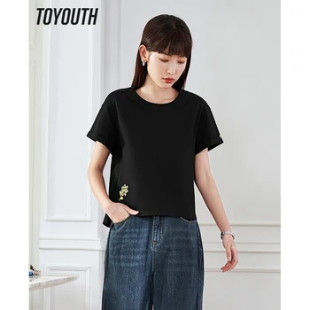Toyouth Женская футболка 2023, Летние футболки с коротким рукавом и круглым вырезом, нерегулярный подол, Черные, белые повседневные универсальные топы