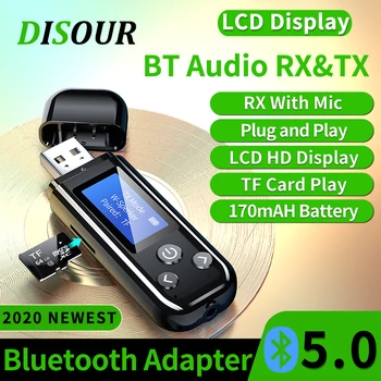 USB Bluetooth 5.0 Аудиоадаптер Встроенный аккумулятор ЖК-дисплей Беспроводной передатчик Приемник Ключ 3,5 мм AUX RCA TF Стерео для телевизора