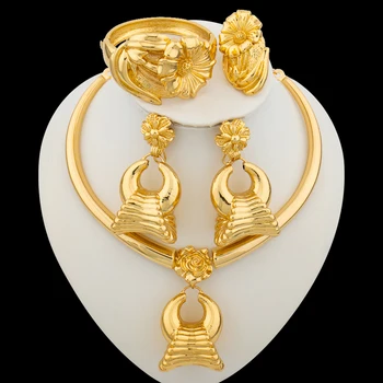 Африканский комплект ювелирных изделий для женщин, необычные серьги и ожерелье с браслетом, кольцо с позолотой 18 Карат, Свадебный комплект ювелирных изделий для новобрачных