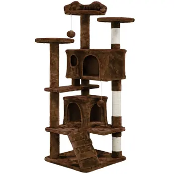 Башня из Кошачьего дерева Многоуровневое Дерево для котенка с 2 Квартирами, 2 Меховыми шариками и 3 Когтеточками для котят и маленьких / средних кошек, Коричневый