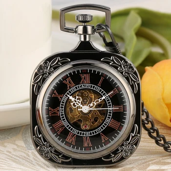 Винтажные карманные часы с квадратным открытым циферблатом и цветочным рисунком, мужские карманные часы с ручным заводом в стиле ретро