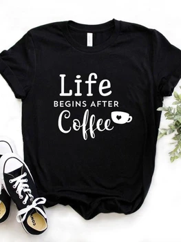Женская футболка Life Begins After Coffee, Футболка с принтом, Женская Свободная Футболка с коротким рукавом и Круглым вырезом, Женская Повседневная футболка, Топы