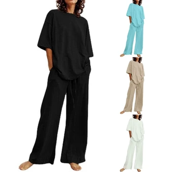 Женский пижамный комплект из двух предметов, хлопковая льняная одежда для отдыха, ночной костюм, пижамный комплект с коротким рукавом, топ и широкие брюки с карманами