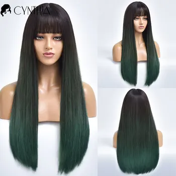 Зеленый Синтетический Парик с длинными Прямыми волосами Омбре Для белых женщин С Челкой Из Термостойкого Орехового волокна, женский парик для Косплея