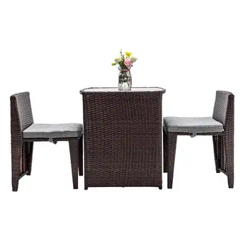 Комплект плетеных стульев из ротанга, 3 предмета, Садовая мебель на подушках (коричневого цвета) со столом, Уличная гостиная, уличная Стальная Плетеная Современная