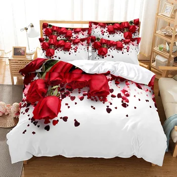 Комплект постельного белья с красной розой, пододеяльник, 3D постельное белье с цифровой печатью, комплект постельного белья размера 