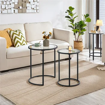 Круглый металлический приставной столик из 2 предметов со стеклянной столешницей для гостиной, столики для черного кафе, приставной столик для дивана