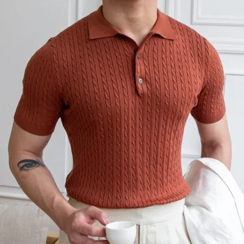 Летняя новая мужская однотонная футболка с короткими рукавами и отворотом, Британская приталенная трикотажная повседневная рубашка поло в полоску с отворотом