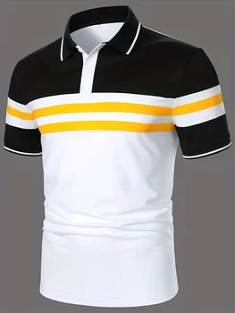 Лето 2023, Новая мужская Повседневная рубашка Поло в полоску с короткими рукавами, Деловая модная футболка с отворотом, Дышащая мужская одежда