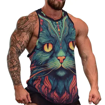 Майка с котом, мужские винтажные топы, Летний дизайн, Тренировочные Модные рубашки без рукавов большого размера