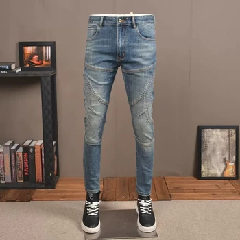 Модная Уличная Одежда, Мужские Джинсы, ретро-Синие Облегающие Дизайнерские байкерские джинсы с эластичными вставками, Мужские брюки в стиле хип-хоп, Мужские мятые брюки