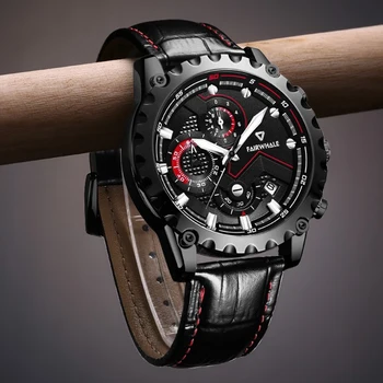 Модные черные кварцевые часы для мужчин, водонепроницаемый хронограф, многофункциональные наручные часы с автоматической датой, ремешок из натуральной кожи, часы