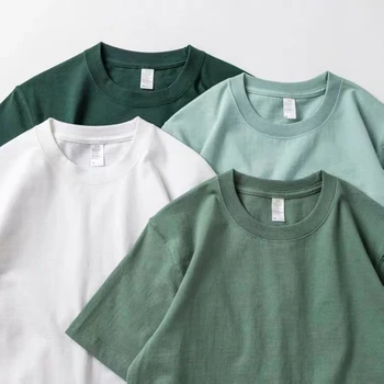 Мужская Женская Зеленая футболка, 200 г Хлопкового топа с короткими рукавами, Корейская футболка, Зеленая толстая хлопковая футболка Унисекс с коротким рукавом