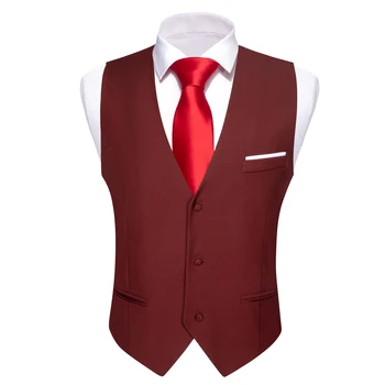 Мужской шелковый жилет цвета ржавчины красного цвета, приталенный изысканный жилет с V-образным вырезом, комплект галстуков, повседневная вечеринка для жениха, свадебный дизайнер Barry.Wang DM-2435