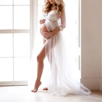 Новые беременные женщины Большие Качели Шифоновое сетчатое платье Белые платья для беременных для фотосессии Premama Кружевной сплайсинг Реквизит для фотосъемки