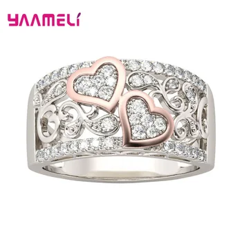 Новый дизайн для влюбленных, изысканное кольцо с двойным сердечком из стерлингового серебра 925 пробы, на годовщину свадьбы, прозрачный циркон, Размеры 6-10