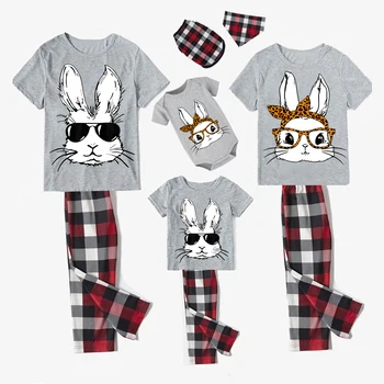 Одинаковые пижамы для Пасхальной семьи Эксклюзивного дизайна Happy Easter Bunny с серыми пижамами Glasse