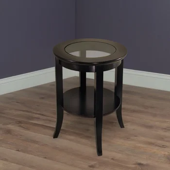 Очаровательный круглый столик из дерева Генуя со стеклянной столешницей, с отделкой эспрессо, столик для гостиной, маленький столик