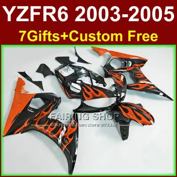 Пластиковые детали обтекателя оранжевого пламени черного цвета для YAMAHA ABS fairings YZF R6 2003 2004 2005 комплект обтекателей r6 03 04 05 KU6F