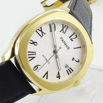 Роскошные золотые часы Parnis, Япония, Miyota8215, механизм с автоподзаводом для мужчин, квадратные наручные часы, белый циферблат, отображение даты, кожаный ремешок