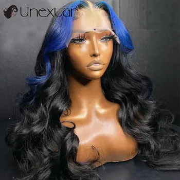 Синий с черным 13X6 Кружевной фронтальный парик, Прозрачные Кружевные парики для женщин, объемная волна, предварительно выщипанные 180% парики из человеческих волос