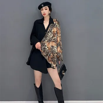 Уличная одежда, лоскутная рубашка нерегулярной формы, женские весенне-осенние топы с длинным рукавом, черные леопардовые топы на пуговицах
