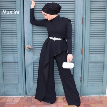 Черный Мусульманский Брючный комбинезон Выпускные Платья 2022 со Шлейфом с Длинным рукавом Арабское Турецкое официальное вечернее платье Дешевая женская вечеринка